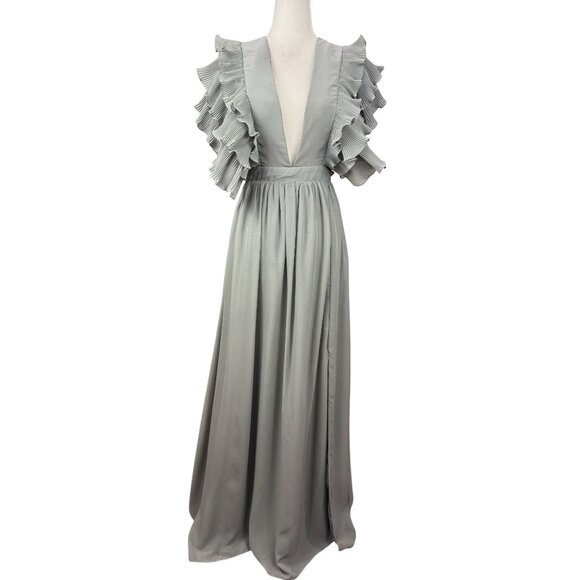 NEW TRUE DECADENSE Womens Sz 10 Gray Cap Ruffle Sleeve V-Neck Evening Maxi Gown - Picture 2 of 16